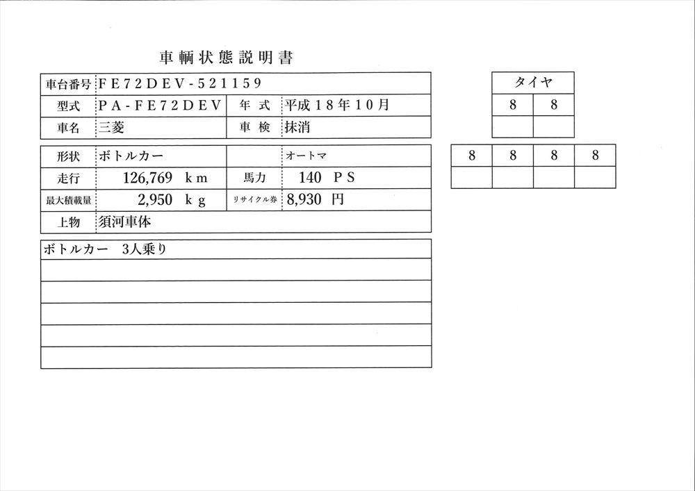 中古ボトルカー 三菱ふそう キャンター